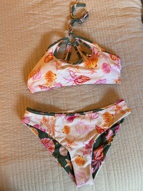 Seashell Print Halter Bikini Top and Bottom - Pink & Green